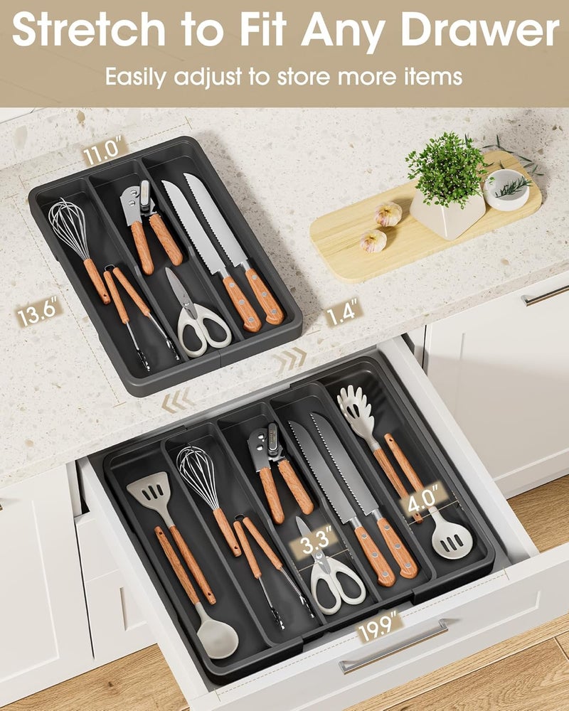 AUJEN Silverware Organizer - Expandable Kitchen Drawer Organizer, Adjustable Utensil Organizer, Cutlery Tray for Forks, Knives, Multipurpose Kitchen Organizers and Storage Solution, Black, X-Large - Image 4